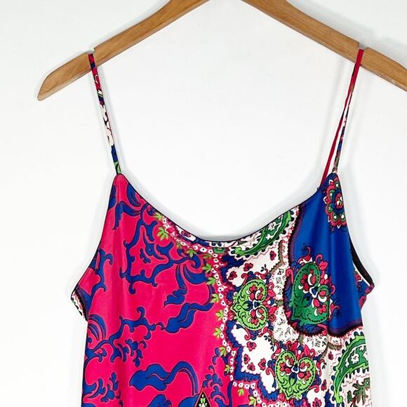 Natori Floral Print Satin w/ Lace Trim Chemise Slip Dress Pink Blue Green - Picture 2 of 9